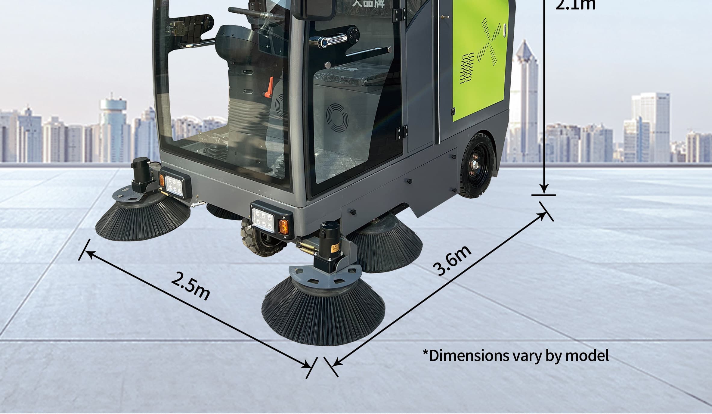 Kenods new energy driving sweeper with dimension callouts from the official catalogue